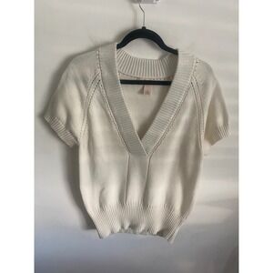 DKNY JEANS Cream Knit Short Sleeve V Neck Sweater‎ Top Womens Medium